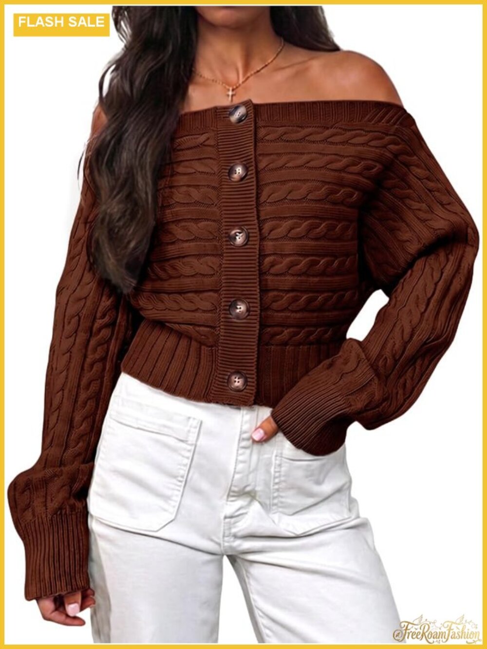 Off Shoulder Cable Knit Cardigan Long Sleeve Button Sweater Women